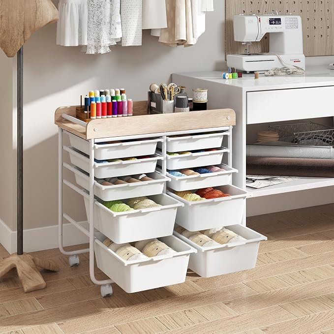 Giantex Rolling Storage Cart with 10 Drawers, Utility Cart w/Wooden Tabletop, Handle, Lockable Wheels, Multipurpose Organizer for Art Craft Scrapbooks Paper, Drawer Carts for Dorm School Office, White