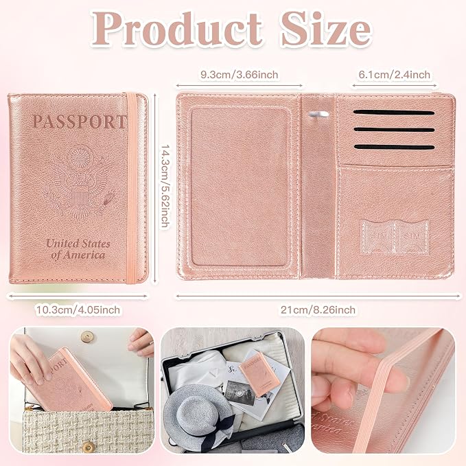 Passport Holder for Travel, RFID Blocking Passport Cover with Pen Holder Leather Passport Wallet Case Travel Must Haves Accessories Passport Book Card Holder for Family Travel Essentials, Rose Gold