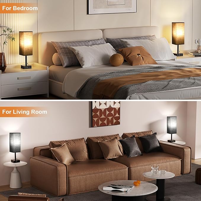 Set of 2 Black Bedside Table Lamps for Bedroom - Nightstand Lamp, USB C+A | Pull Chain Lamp, 3 Color Modes(3000K/4000K/5000K), E26 LED Bulb Included, Square Black Fabric Lampshade, for Read, Work, Dorm