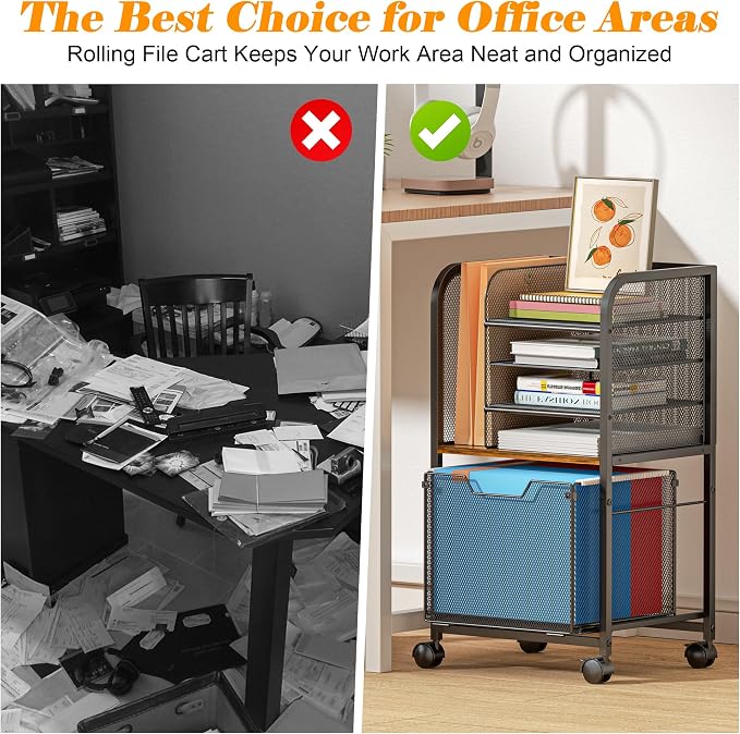 Feyejade 5-Tier Rolling File Cart Cabinet Under Desk Storage Organizer | Letter-Size Hanging File Folders, Under Desk Mobile Filing Storage, Multi-Layer Mesh Drawers, Office Efficiency Furniture