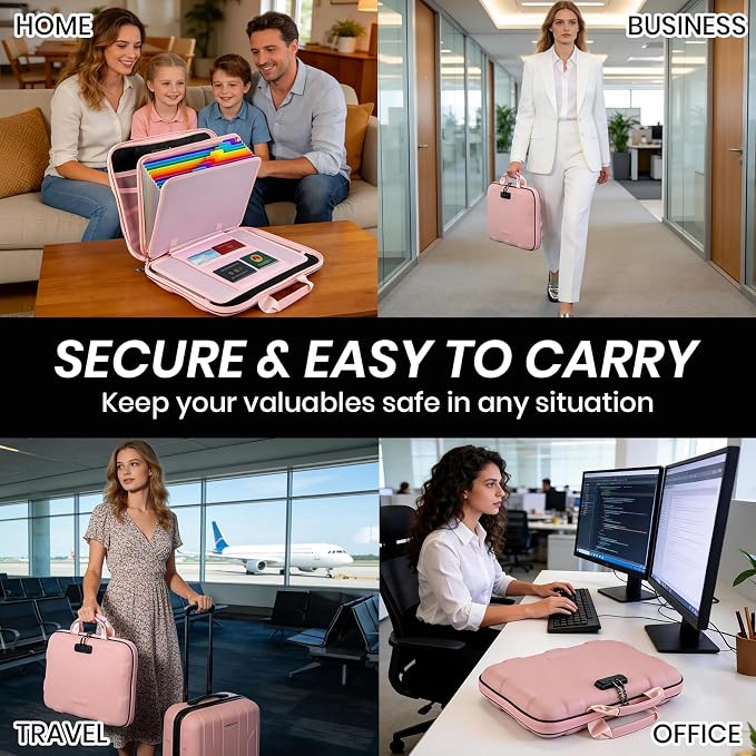 Fireproof Document Box, Hard Case Fireproof File Organizer Box with Lock and 13 Pocket Accordion File Folder, Portable Safe Box for Office Storage Important Documents (With Out Shoulder Strap, Pink)