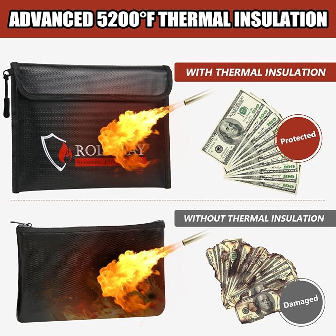 Fireproof Bag (9.6 x 6.6 inches) 5200℉ Heat Insulated, Fireproof Money Bag with Zipper for Cash (2-Pack Black)