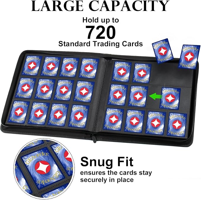 GEAoffice 12 Pocket Trading Card Binder for 720 Cards, Sturdy PU Cover Side Loading Zipper Card Collection Binder Album for MTG, TCG, Game & Sports Cards, Ringless, Non-PVC, Red
