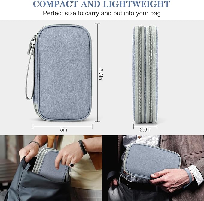 FYY Electronic Organizer, Travel Tech Pouch Bag, Medium, Light Grey | Wrist Strap, Waterproof, Double Layers Portable Electronics Travel Carrying Case for Cord, Charger, Daily Business Trips Use