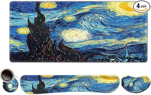 ToLuLu Large Mouse Pad, Memory Foam Keyboard Mouse Wrist Rest Support Set | Ergonomic Desk Mat with Stitched Edges, Gaming Extended Non-Slip Base Mousepad for Home Office, Van Gogh Starry Night