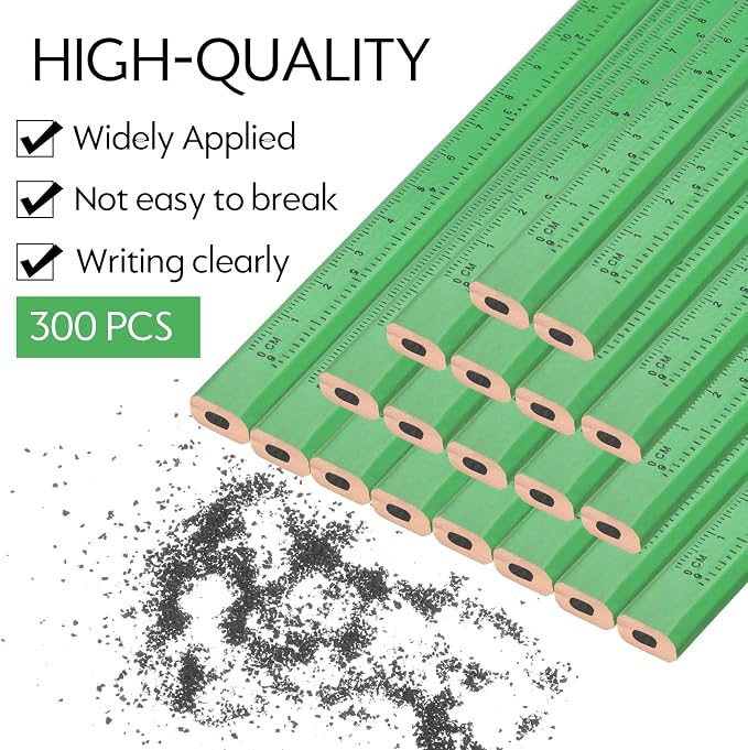 Lincia 300 Pcs Carpenter Pencils 7 Inch Octagonal Flat Carpenter Marking Pencils Hard Black Construction Contractor Pens for Woodworking and Concrete Marking(Green)