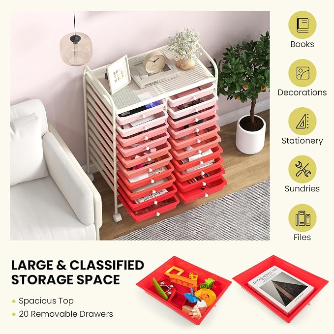 COSTWAY 20-Drawer Rolling Storage Cart, Utility Storage Organizer Cart | For Tools, Scrapbook, Paper, Craft, Multipurpose Storage Trolley on Wheels for Home Office School (Mixed Pink)