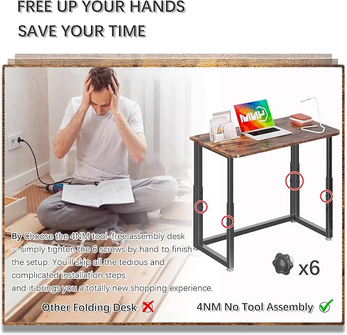 4NM No Tool Assembly 31.5" Small Desk, Folding Portable Desk with Wheels, Adjustable Height Foldable Computer Home Office Desks, Collapsible Study Writing Table for Space Saving Bedroom - Rustic Brown