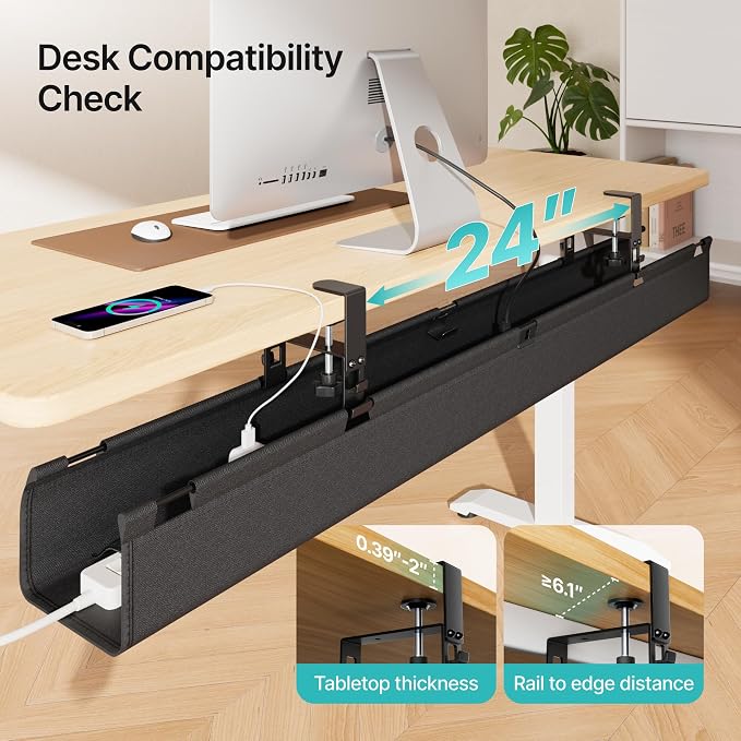 PEGZONE No Drill Under Desk Cable Management Tray, 47.2" Fabric Organizer | Clamp/Screw Premium Mount Cord Holder, for Power Strips, Adapters, with 2 Hooks & 1 Tie Roll for Home Office Gaming, Black
