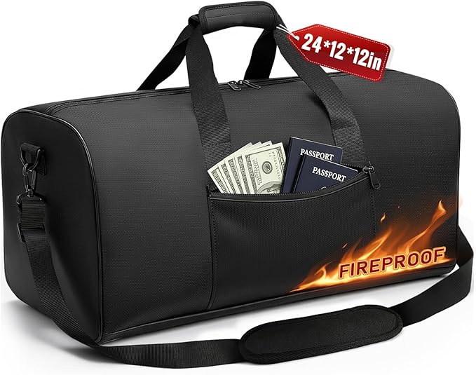 Large Waterproof Fireproof Document Bag, 24x12x12 in, Black | Portable 5200℉ fireproof document box with multi-pocket & adjustable shoulder strap, document organizer for cash, valuables