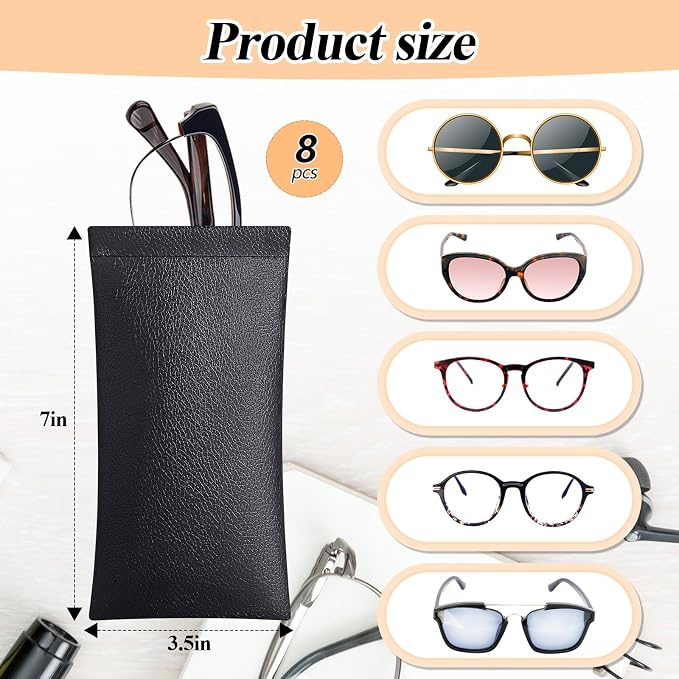 Xuhal 8 Pcs Leather Glasses Case Sunglasses Pouch Eyeglass Case Soft Squeeze Top Portable Travel Glasses Sleeve for Women Men