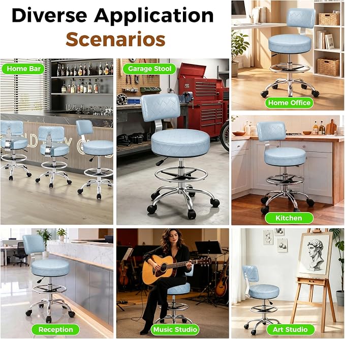 Office Drafting Chair with Footrest, Tall Height Adjustable Stool with Back Support, Heavy Duty Rolling Stool Chair with Wheels for Office Home Kitchen Bar Shop Guitar Studio Vanity, Dusty Blue