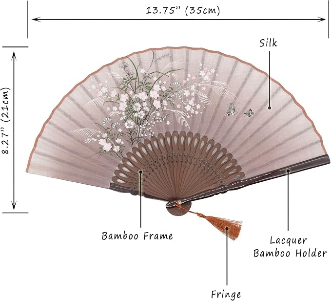 OMyTea® "Grassflowers 8.27"(21cm) Hand Held Folding Fans - With a Fabric Sleeve for Protection for Gifts - Chinese/Japanese Vintage Retro Style (Brown)