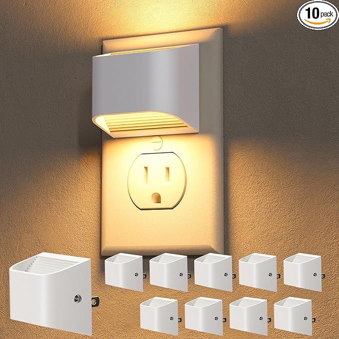 NIORSUN Plug in Night Light, Auto Brightness Sensor Night Light, 3000K Warm White, Ultra-Slim Wall Light for Hallway Bathroom Bedroom Stairs, White, 10 Pack