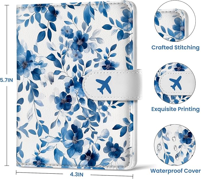 Passport Holder for Travel Essentials, RFID Blocking Leather Cover Wallet with Magnetic Closure, Aesthetic & Cute Passport Book Case for Women and Men - BlueFloral
