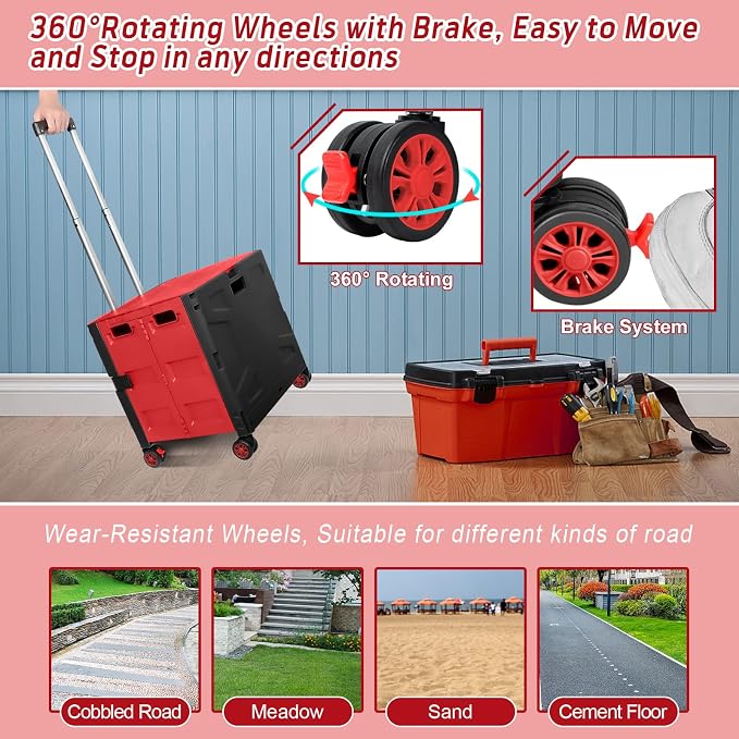 FELICON Folding Utility Cart Rolling Crate Handcart Basket Tote-Red+Black | Collapsible Hidden Lid,Plastic Box,Telescoping Handle,4 Rotate Wheels for Travel Shop Move Grocery Laundry Office Teacher Use