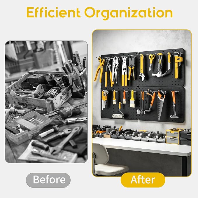 Steel Pegboard Tool Wall Organizer, 4 Pack 14.76 x 10.82 in, 6 Bins, Black | 6 clear storage bins organize screws and small parts; 36 hooks and 30 peg locks keep garage tools sorted and easy to reach.