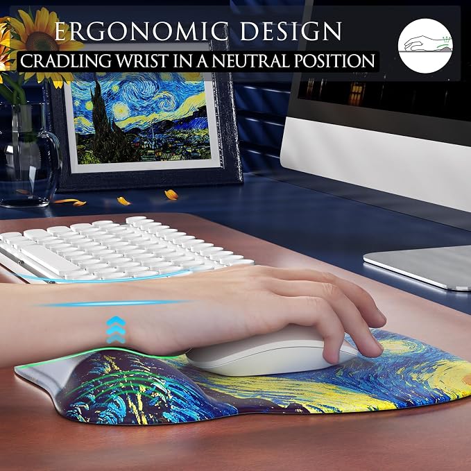 MROCO Ergonomic Mouse Pad with Gel Wrist Rest, 9.4 x 8.1 in, Starry Night | Ergonomic Shape Design, Multiple Pattern Options, Gel Wrist Comfort, Smooth Lycra Surface, Non-Slip PU Base