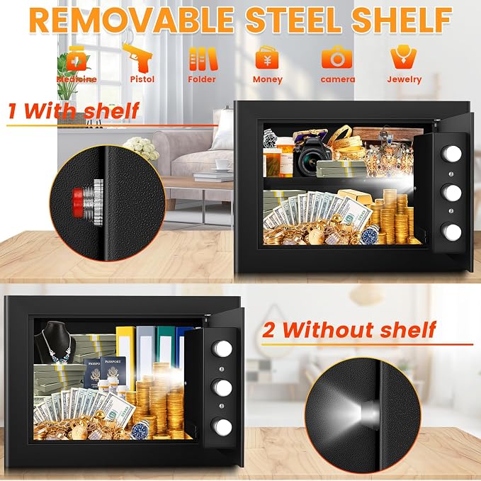 9.84"H Small Safe Box for Money | 1.2 cuft Security Safe with Fireproof Bag | Electronic Digital Safes with Combination Lock and Removable Shelf | Personal Money Safe for Home Cash Medicine Documents