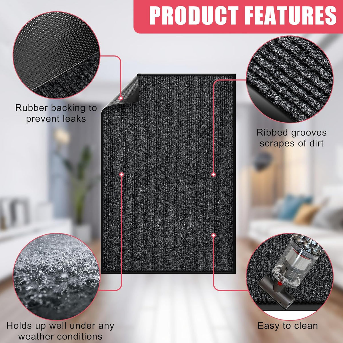 Kuyal Front Door Mat, 4'x8' Indoor Outdoor Entrance Mat, Commercial Floor Mats Inside Outside Entrance, Heavy Duty Durable Welcome, Rubber Backing Non Slip Outdoor Mats for Entryway,Black
