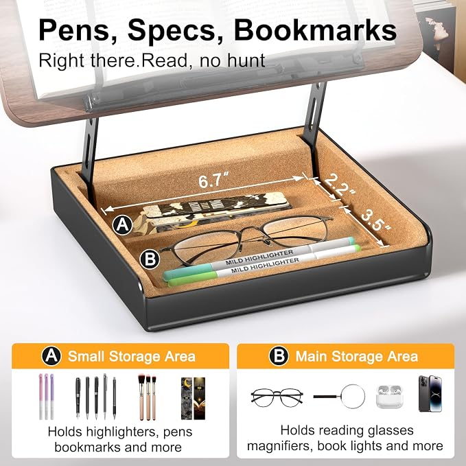 Book Stand with Storage, Book Holder for Reading Hands Free | Wooden Cookbook Stand for Kitchen Counter, Adjustable Reading Stand for Desk, Recipe Stand, Book Prop for Book Lovers