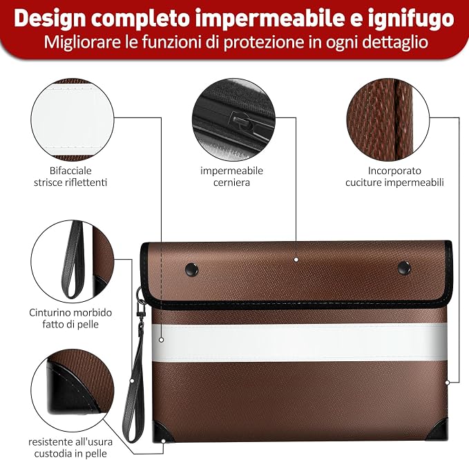 Vailoin 6200°F Fireproof Money Bag, 8 Layers of Heat Insulated Materials | Double-sided Reflective Strip, Waterproof Zipper,Certified to SGS UL94 V-1, for Tablet, Cash, A5-sized documents（Brown）