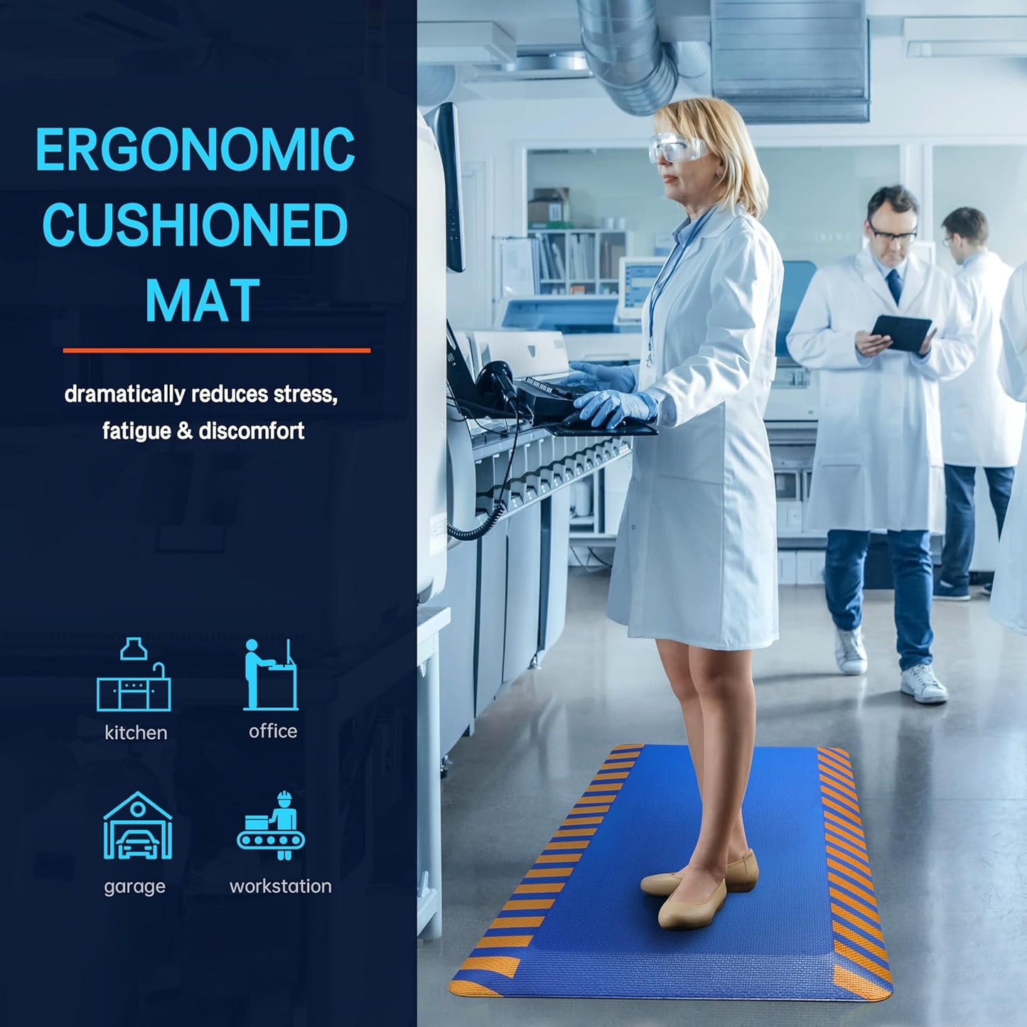 FEATOL Anti Fatigue Mat Industrial, Ergonomic Standing Floor Mat for Work for Stand, Blue with Yellow Border Safety 20" x 39"-Support for Leg & Back Pain