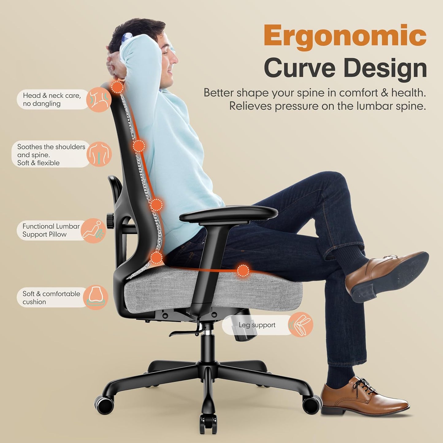 ELABEST Ergonomic Office Chair,Home Desk Chair with Mesh Back,Adjustable Lumbar Support,Built-in Springs Wide Seat,Executive Task Chair with 3-D Big Armrests,Tilt Function,Computer Desk Chair (Grey)