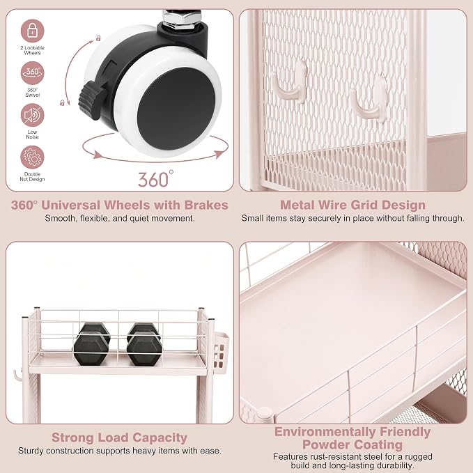 3 Tier Rolling Storage Cart Metal Utility Cart with Wheels | Office Organizer with Hooks & Hanging Cups, Mobile Shelving Unit for Kitchen Nursery Craft Snack Book