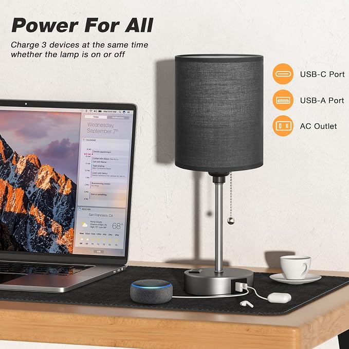 Small Bedside Table Lamp for Bedroom - Desk Lamp with USB Ports for Dorm | USB A+C Ports, AC Outlet, 3 Color Temperatures, LED Bulb Included, Black Fabric Shade, Sleek Silver, 14" Night Stand Lamp
