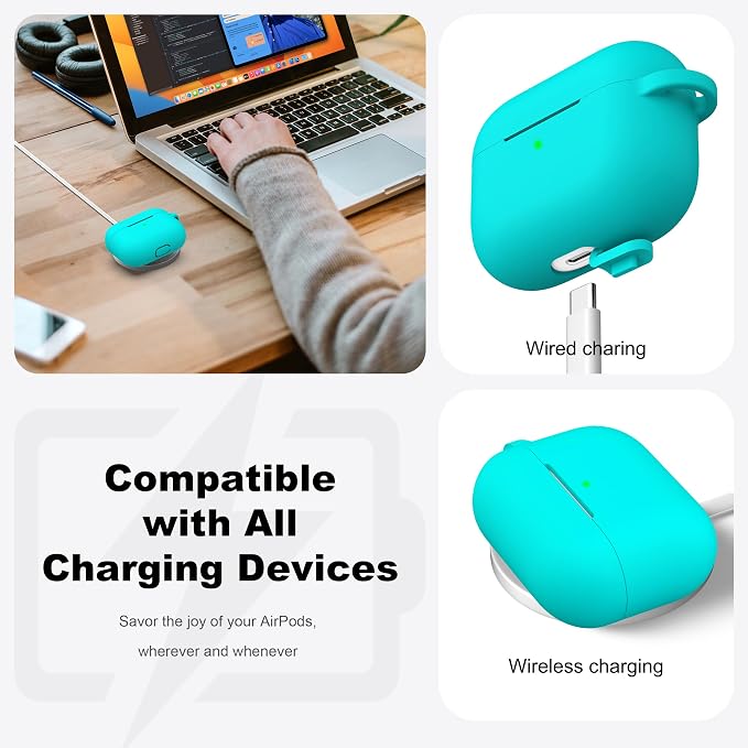 AirPods Pro Case Cover with Keychain, Full Protective Silicone Skin Accessories for Women Men Girl Adult with Apple 2019 Latest AirPods Pro Case, Front LED Visible-Teal