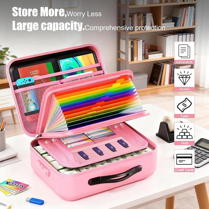 Fireproof Document Box with Lock, Hard-Shell Fireproof & Waterproof Safe Box for Home Office, Portable Document Organizer Stocking Stuffs for Women or Men Christmas Gifts (Pink