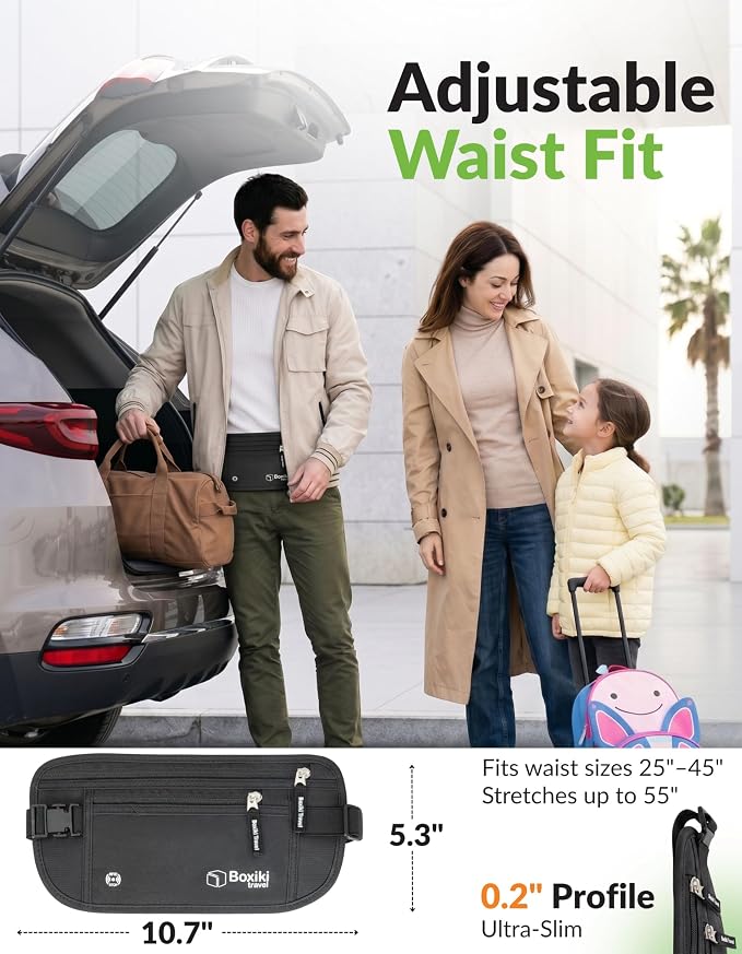Money Belt for Travel with RFID Blocking Technology - Hidden Travel Money Pouch for Cash, Credit Cards, Passport, and Travel Valuables - Secure Water Resistant Money Belt for Men and Women - Black
