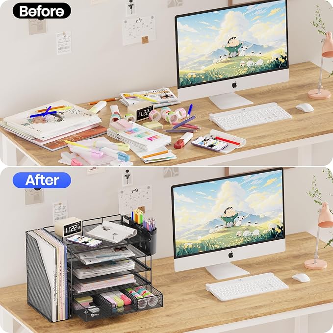 Desk Organizer, 5-Tier Desktop File Organizer with Drawer and Pen Holders, Office Desk Accessories, File Sorters, Workspace Organizers for Office Supplies(Black)