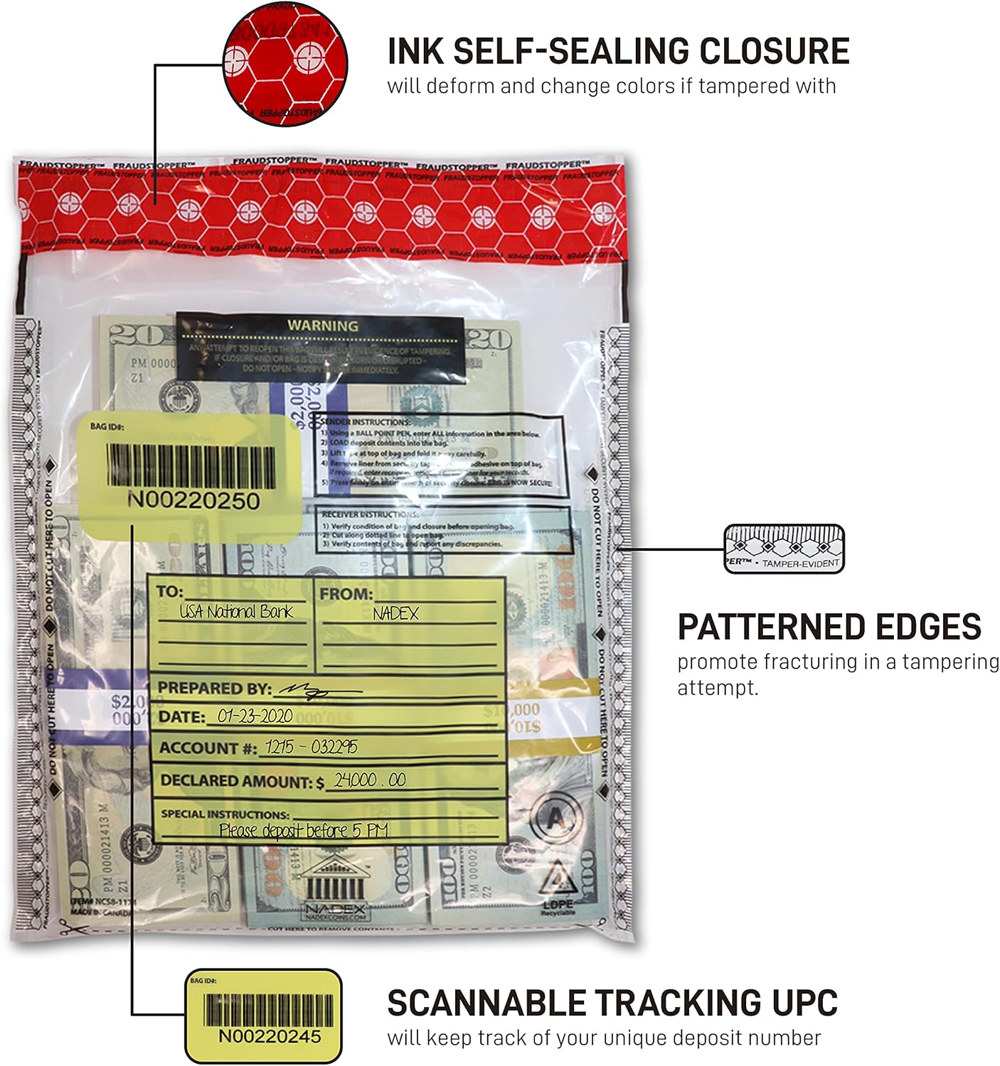 Nadex 9 x 12 Inch Tamper Evident Bank Deposit Bags with FRAUDSTOPPER - 4 Tamper Indicator Security, 100 Pack (Clear)