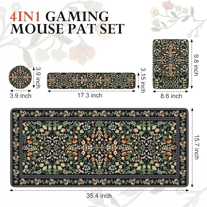 iCasso Mouse Pad with Wrist Rest,Ergonomic Large Desk Mat Set, Black | Keyboard Pad with Wrist Support, Non-Slip Mouse Mat for Women, Cute Floral Computer Mat for Home Office Gaming