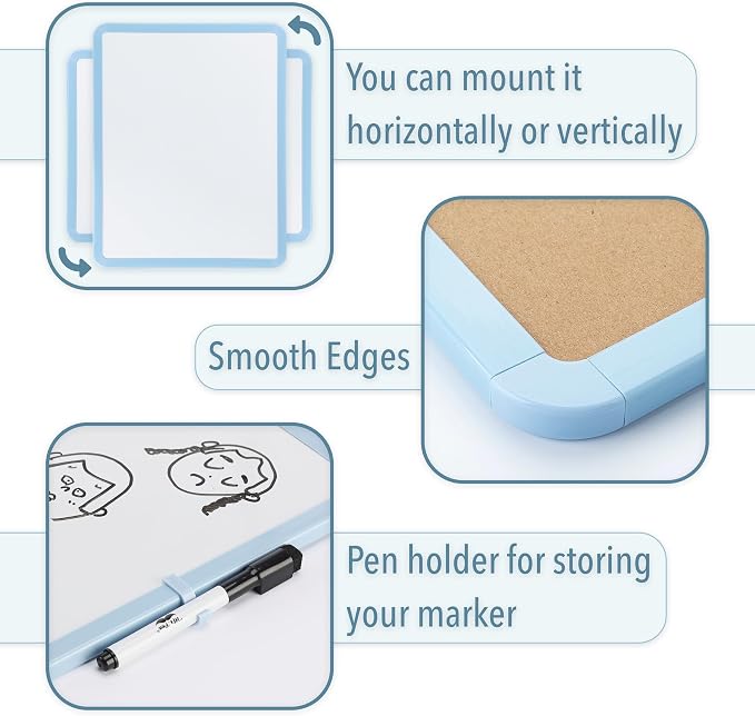 Mr. Pen- Dry Erase Board, 14” x 11” with a Black Dry Erase Marker | Blue Frame, Small Mini White Board for Students, Fridge, Wall, Locker, Includes Double Sided Tapes