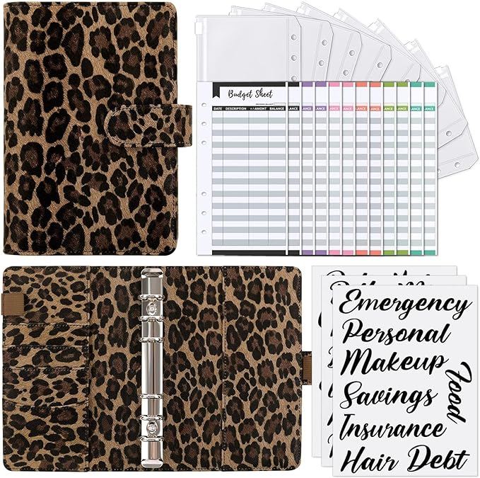 SKYDUE A6 Budget Binder with Zipper Envelopes, Money Organizer for Cash with 12Pcs Expense Budget Sheet & 24Pcs Stickers, Cash Envelopes for Budgeting and Saving