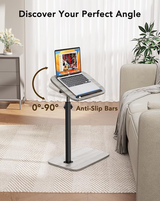 HUANUO TV Tray with Height Adjustment, 360° Swivel, 90° Tilt, Grey | 19"–31.5" Height Range, Dual Knobs & Crossbeam for Stability, Anti-slip Bar, Foldable, for Eating & Working Beside Sofa, Bed