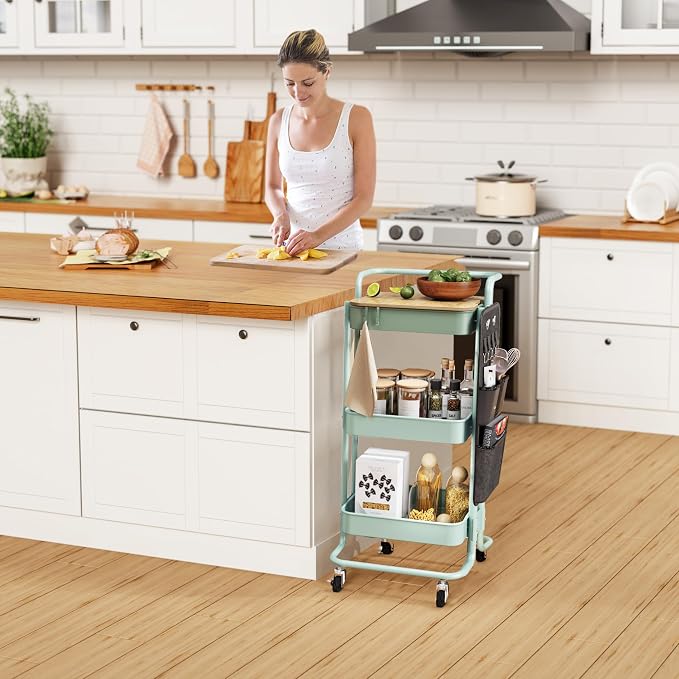 DTK 3-Tier Rolling Cart with Table Top, Metal Utility Cart with Side Bags | Tray Storage Organizer, Lockable Wheels, 4 Hooks, Art Cart for Kitchen, Bathroom, Office, Craft room, Living room, Green