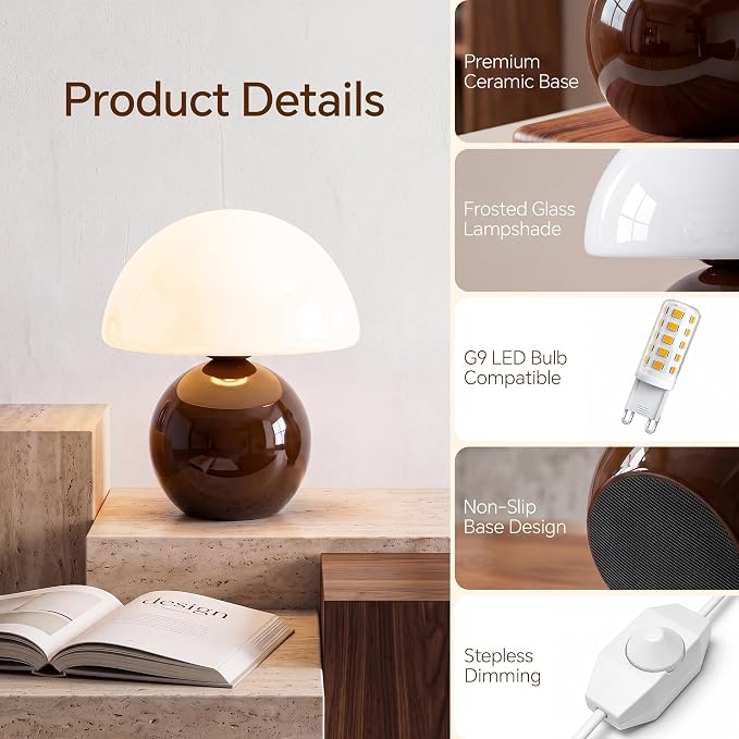 Mushroom Lamp Table Lamp for Bedroom-Small Desk Table Lamps,Coffee | 8.7" Mid Century Modern Table Lamps for Living Room Bedroom Decor,Cute Ceramic Lamps for Mushroom Home Room Decor,Glass Shade