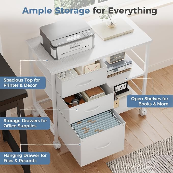 DUMOS 3 Drawer Mobile File Cabinet, Rolling Printer Stand with Storage | Fabric Lateral Filing Cabinet fits A4/Letter Size, Under Desk Drawer Cabinet, Printer Cart for Home Office, White