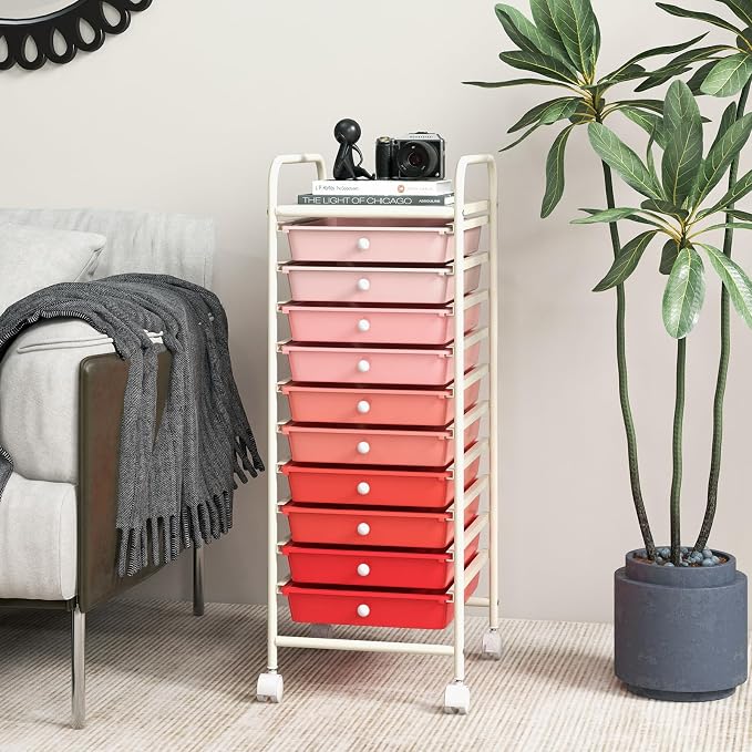 GLACER 10 Drawers Rolling Cart, Storage Cart with w/Removable Drawers & Steel Frame, Utility Mobile Trolley w/Universal Casters & 2 Brakes, Organizer Cart for Home, School, Office (Gradient Pink)