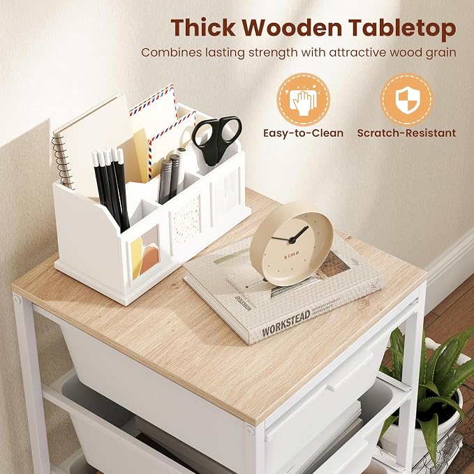 Giantex Rolling Storage Cart with 4 Drawers, Utility Cart w/Wooden Tabletop, Lockable Wheels, Multipurpose Organizer for Art Craft Scrapbook Paper, Drawer Carts for Dorm Classroom Office, White