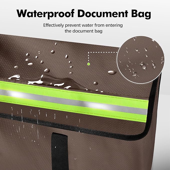 Large Fireproof Document Bag for Home Safe Storage, 24 x 12 x 12in, Brown | 2000°F fireproof document box, 4-layer fiberglass important document storage for photo, file and cash with reflective strip