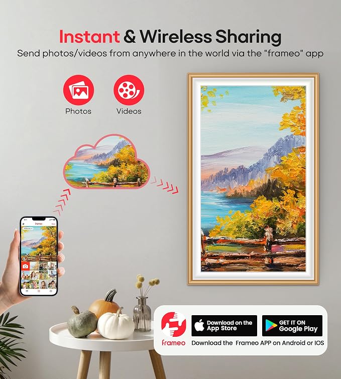 64GB Frameo 15.6" Digital Picture Frame Large 1920 x 1080 IPS FHD Touch Screen WiFi Electronic Photo Frames Share Moments Instantly Anywhere Best Gifts for Parents and Grandparents Golden White