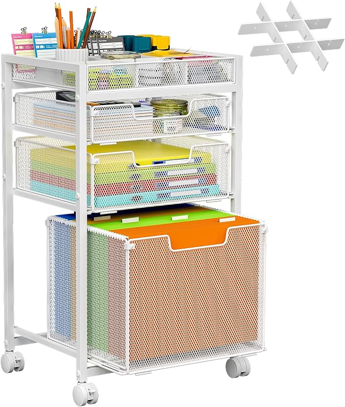 Rolling File Cart with 3 Storage Drawers, Under Desk Organizer with DIY Divider, Moblie Filing Cabinet on Wheels, Fits A4/Letter Size, Metal Utility Cart for Home Office, White