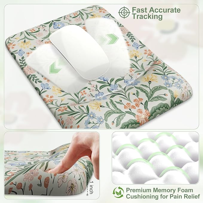 iCasso Mouse Pad with Wrist Rest, Large Desk Mat Set, Light Green | Ergonomic Keyboard Pad with Wrist Support, Non-Slip Mouse Mat for Women, Cute Floral Computer Mat for Home Office Gaming