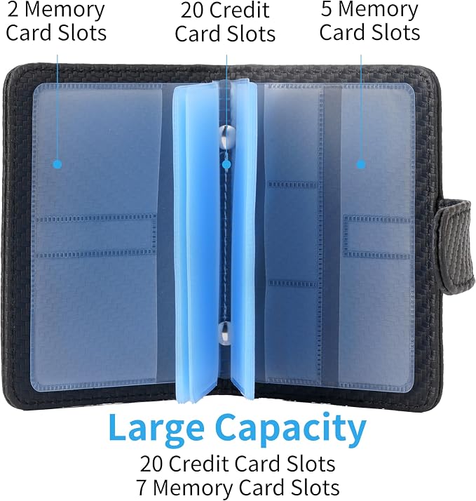 Wisdompro Credit Card Holder, RFID Blocking Wallet Debit Card Protector | Slim Leather Credit Card Organizer Case, Card Case with Magnetic Shut, 20 Card&7 Memory Card Slots-Vertical Microfiber Black