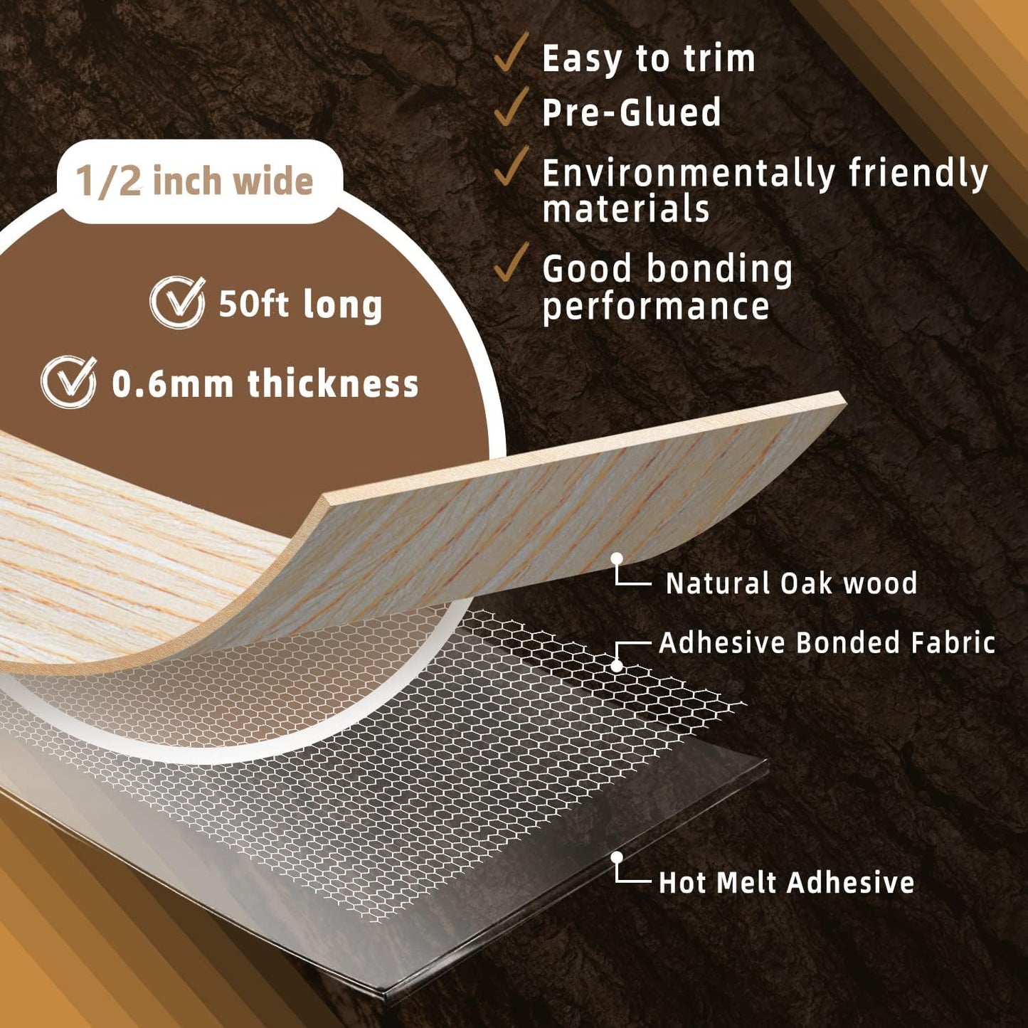 GSCIT Club Oak Edge Banding, 1/2 inch x 50ft roll of Veneer Edge Banding Preglued Flexible, Real Wood Tape Banding